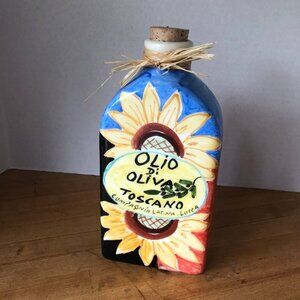 Compania Latina Lucca Ceramic Hand Painted Floral Oil Jar Bottle w/ Cork Italy
